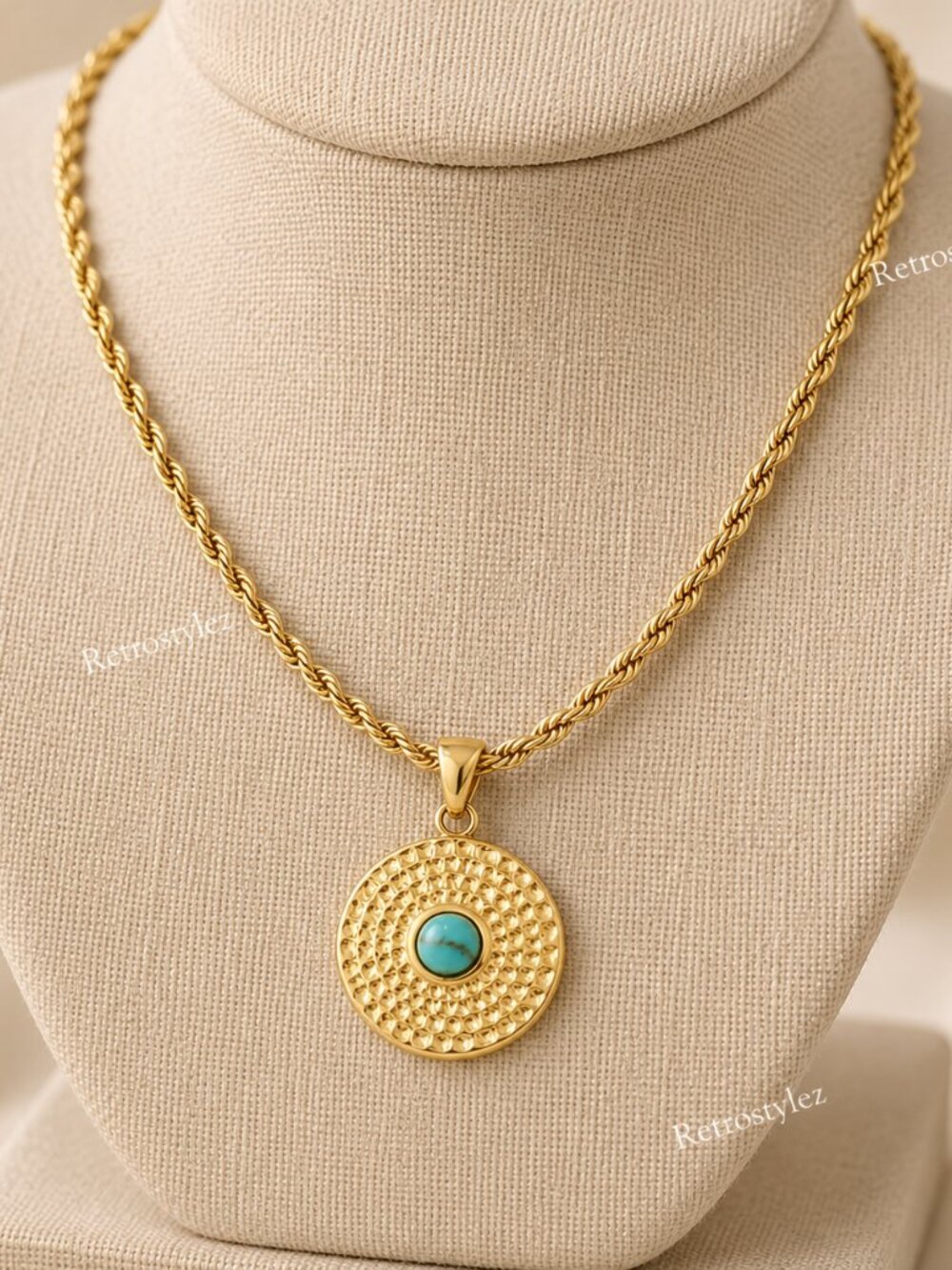 18K Gold Womens Round Turquoise Gemstone Pendant Necklace 18 K Silver Jewelry